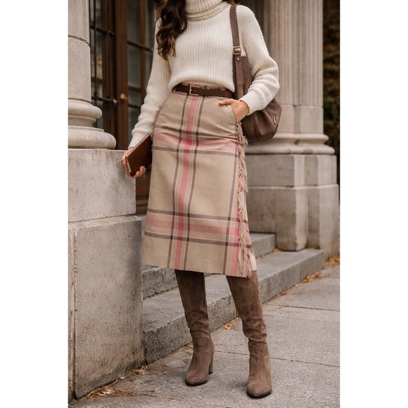 Evan Picone Dresses & Skirts - Evan Picone Vintage Y2K Plaid Skirt Women's 10 Pink Tan Fringe Midi Belted Fall